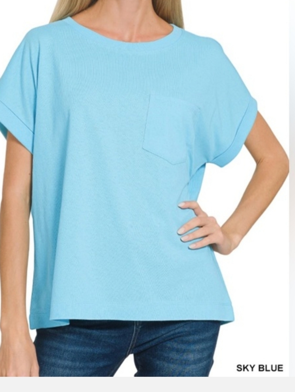 Zenana Outfitters Sky Blue Short Sleeve Pocket Tee